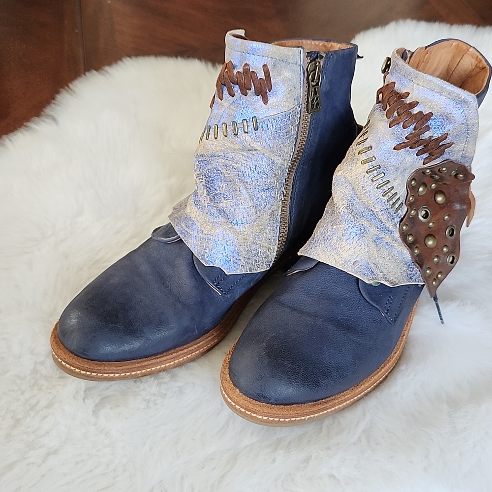 A.S. 98 Navy Blue and Tan Leather Studded Boho Ankle Boots, 37 - Picture 2 of 15